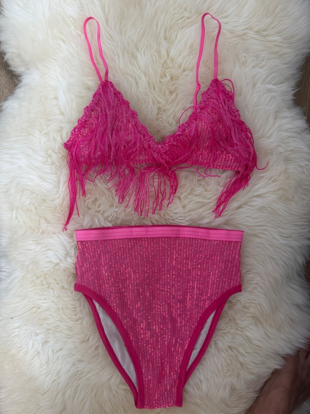 East n west Fringed Hot Pink Bralette & High-Waist Brief Set Burning Man